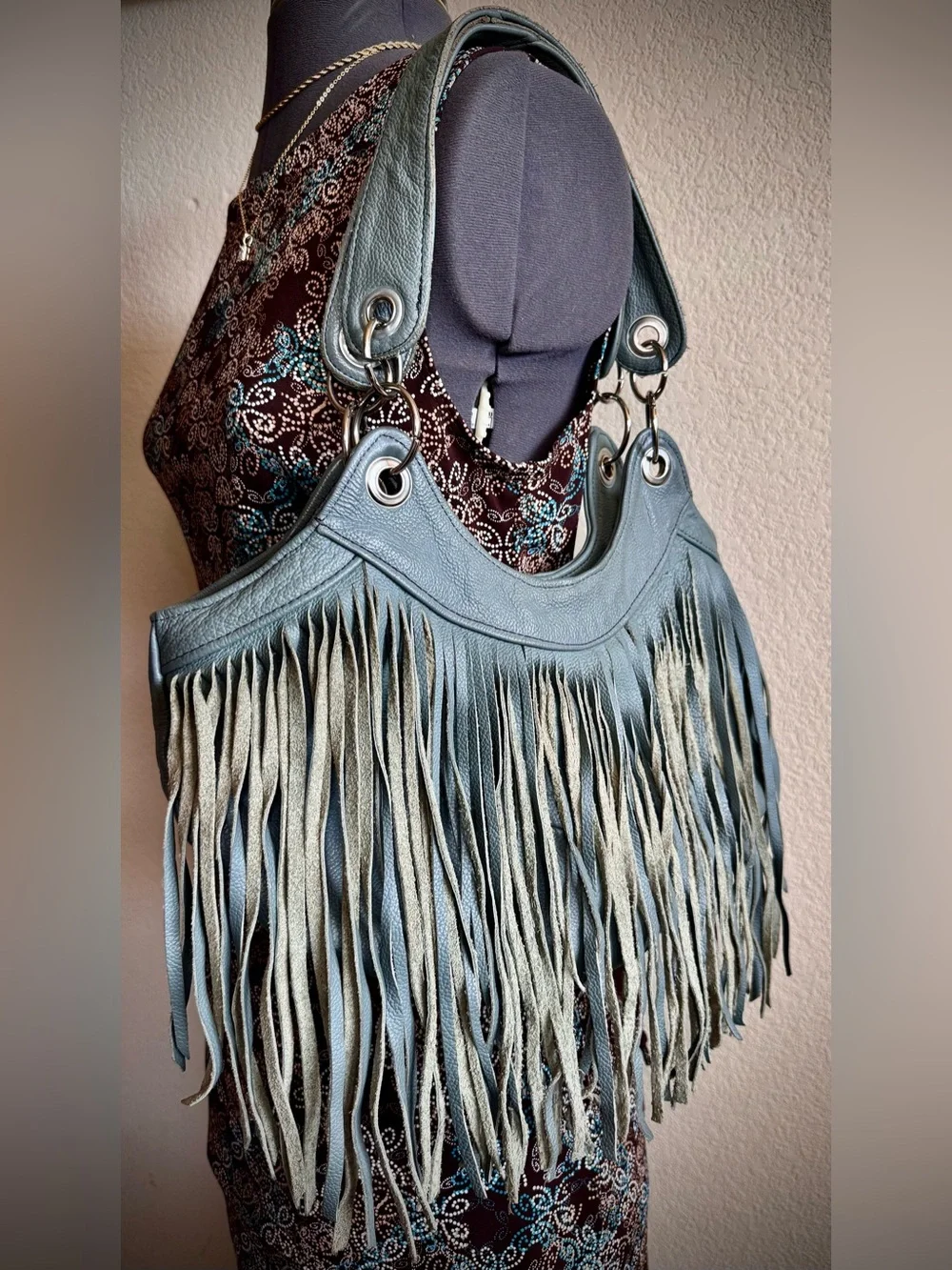 Vintage Leather Grey Fringe Hobo Shoulder Bag Purse
